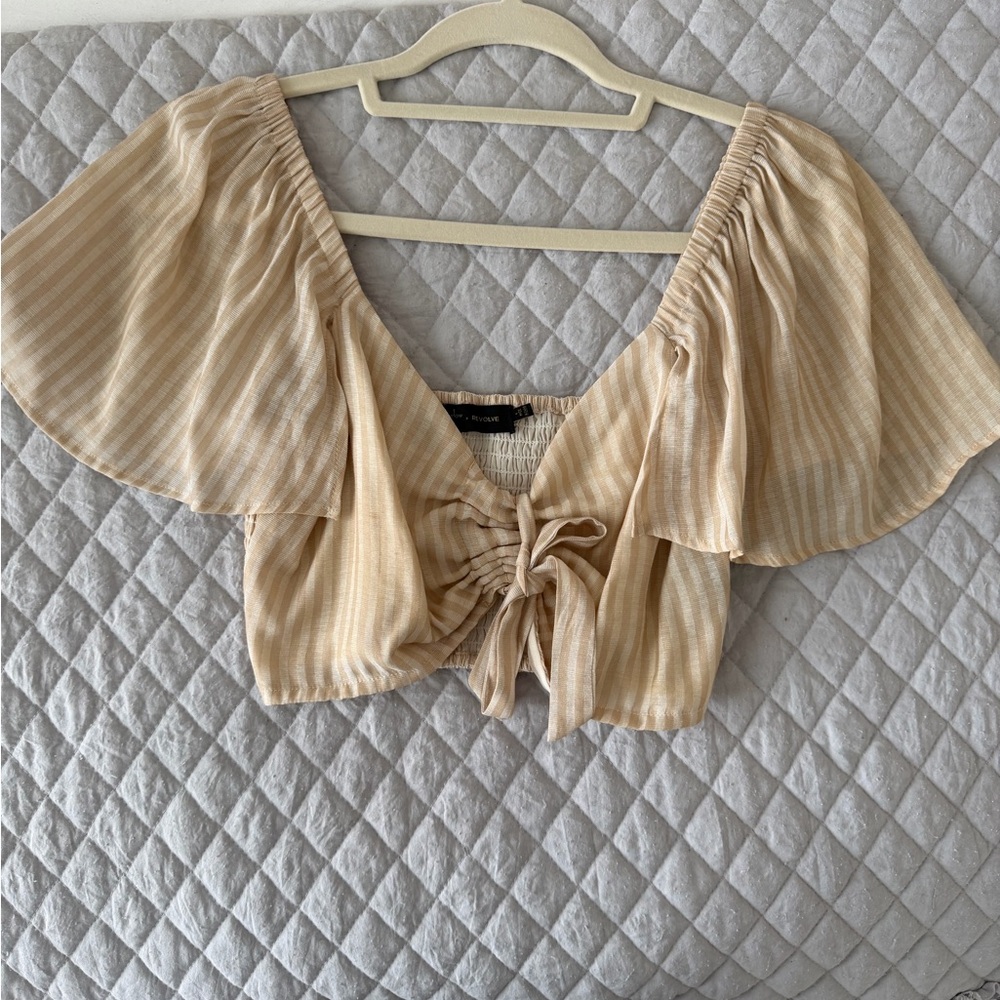 House of Harlow 1960 Beige Stripe Tie-Front Crop Top